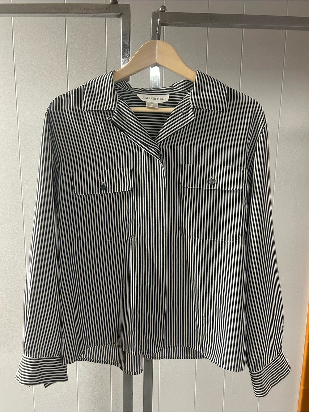 Jones New York Womens Black & White Striped Button Shirt